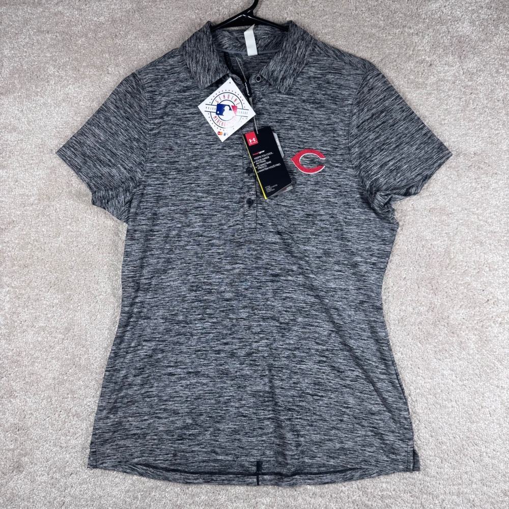 Under Armour Cincinnati Reds MLB Polo Womens Medium Gray HeatGear Space Dye